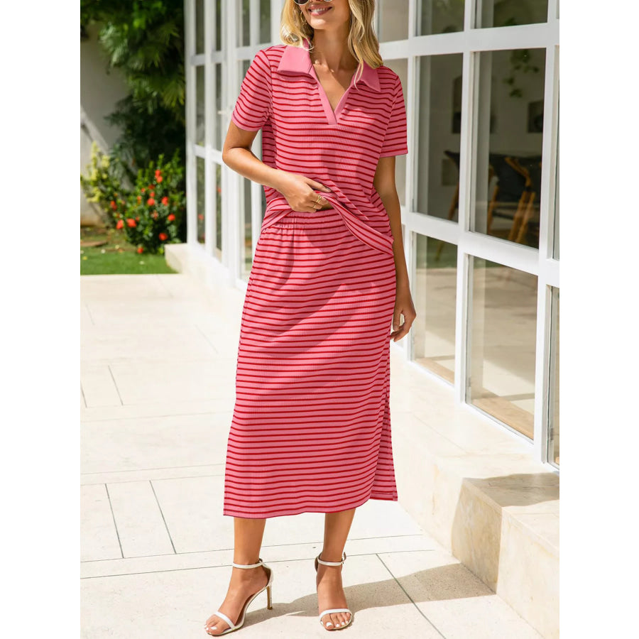 Striped Polo Collar Top and Slit Skirt Two-Piece Set Apparel and Accessories