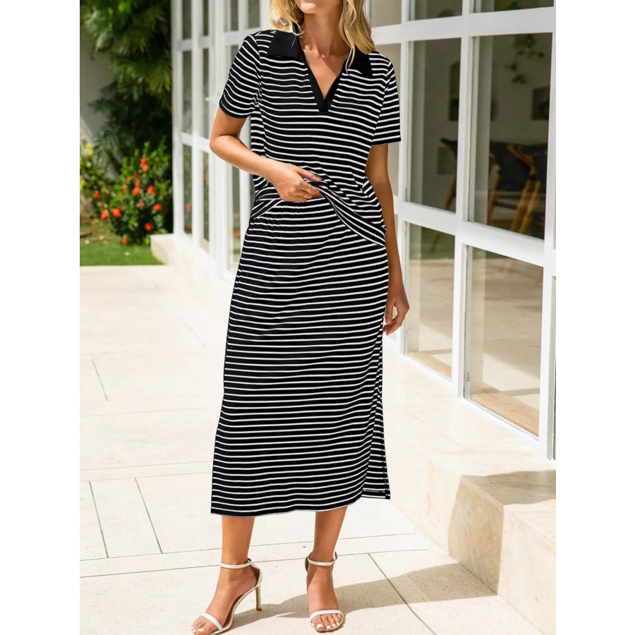 Striped Polo Collar Top and Slit Skirt Two-Piece Set Black / S Apparel and Accessories