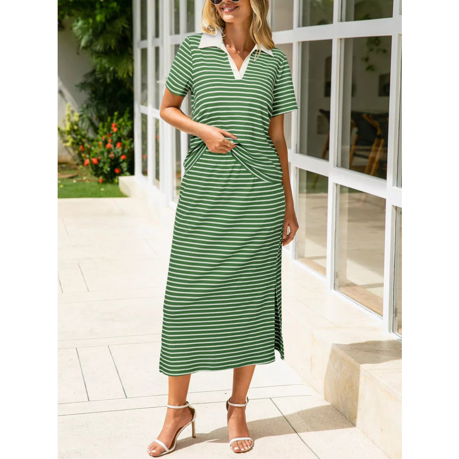Striped Polo Collar Top and Slit Skirt Two-Piece Set Green / S Apparel and Accessories