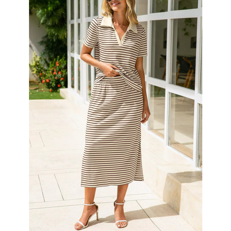 Striped Polo Collar Top and Slit Skirt Two-Piece Set Khaki Color / S Apparel and Accessories
