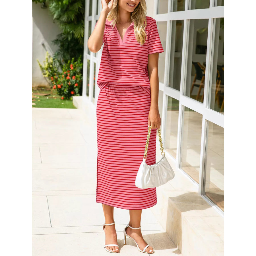 Striped Polo Collar Top and Slit Skirt Two-Piece Set Pink / S Apparel and Accessories