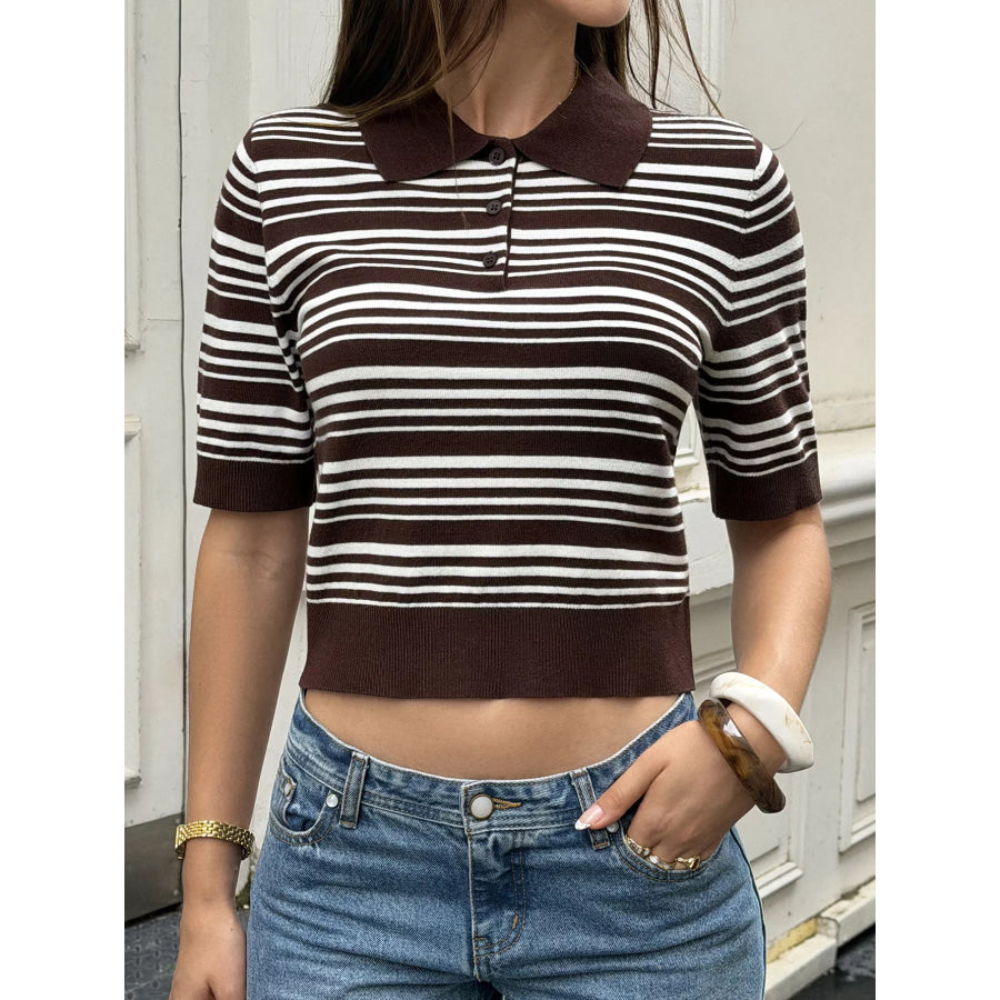 Striped Polo Cropped Knit Top Apparel and Accessories