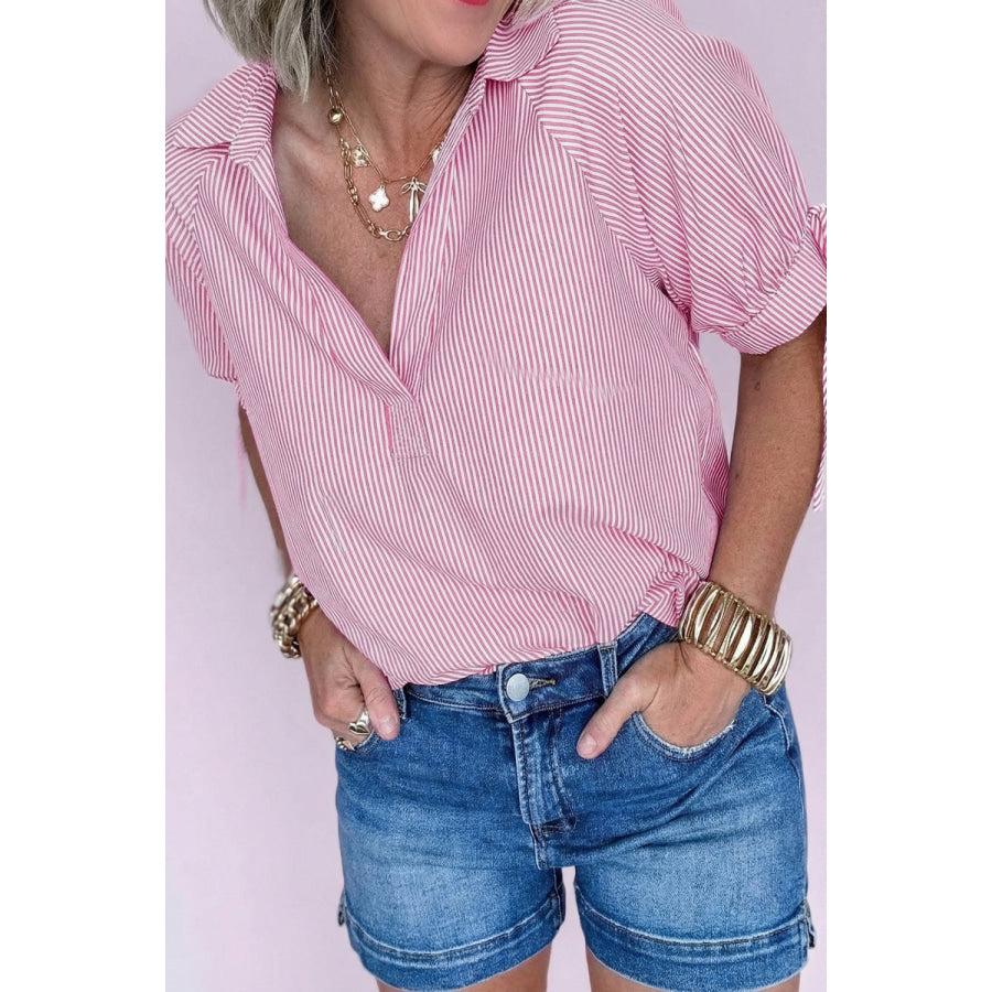 Striped Print Collar V Neck Short Sleeve Blouse Apparel and Accessories