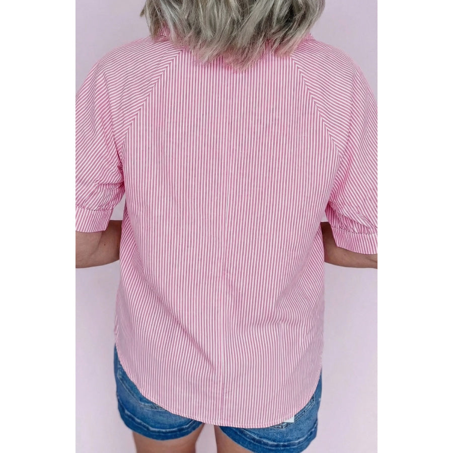 Striped Print Collar V Neck Short Sleeve Blouse Apparel and Accessories