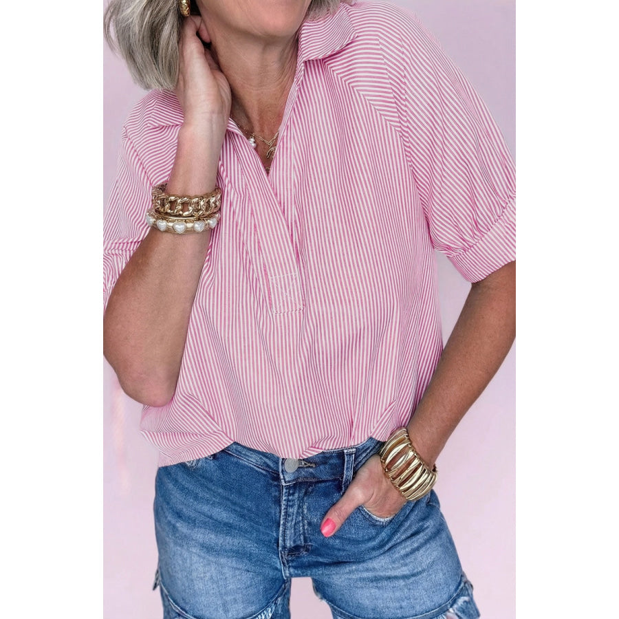 Striped Print Collar V Neck Short Sleeve Blouse Dusty Pink / S Apparel and Accessories