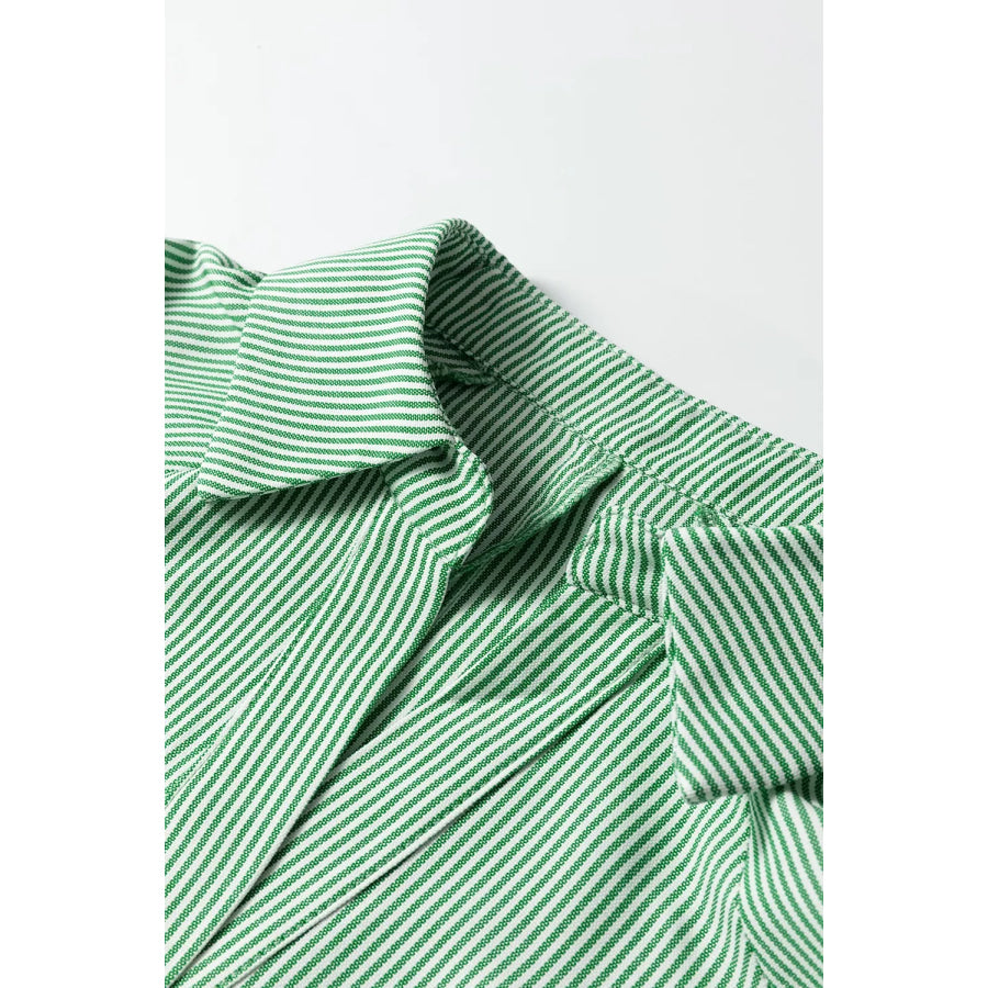 Striped Print Collared Split Neck Half Sleeve Blouse Apparel and Accessories