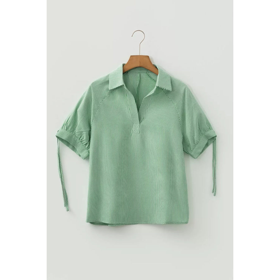 Striped Print Collared Split Neck Half Sleeve Blouse Apparel and Accessories