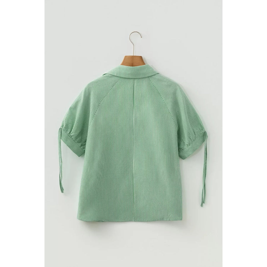 Striped Print Collared Split Neck Half Sleeve Blouse Apparel and Accessories
