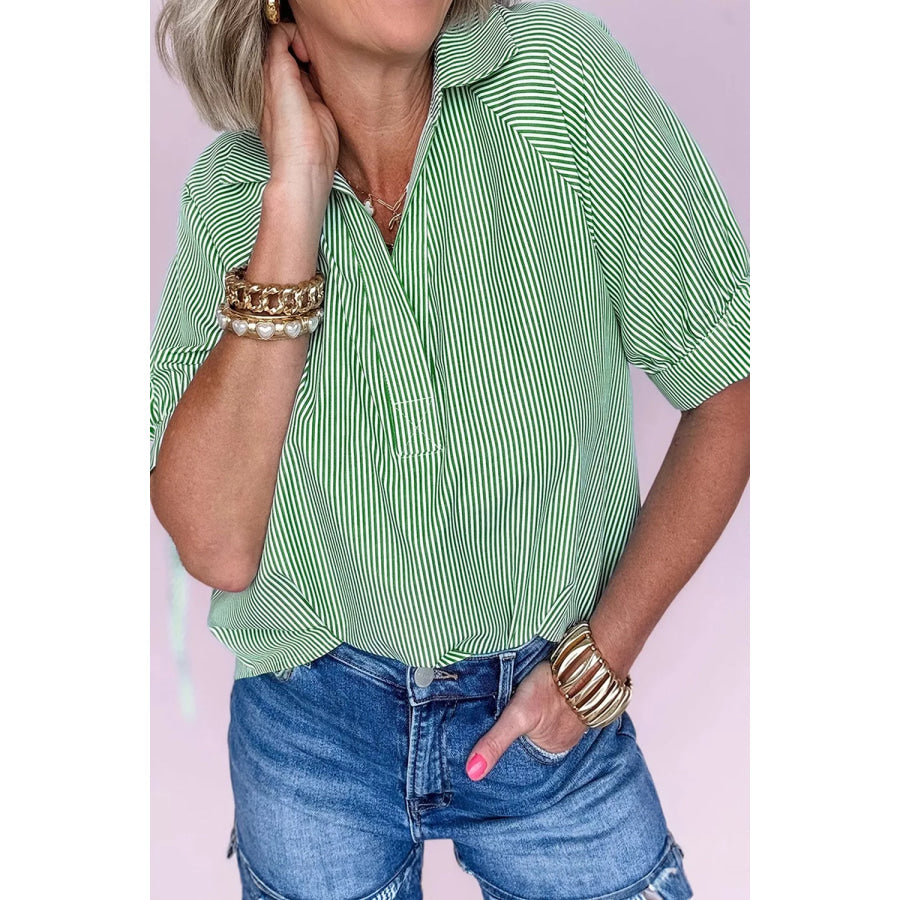 Striped Print Collared Split Neck Half Sleeve Blouse Apparel and Accessories