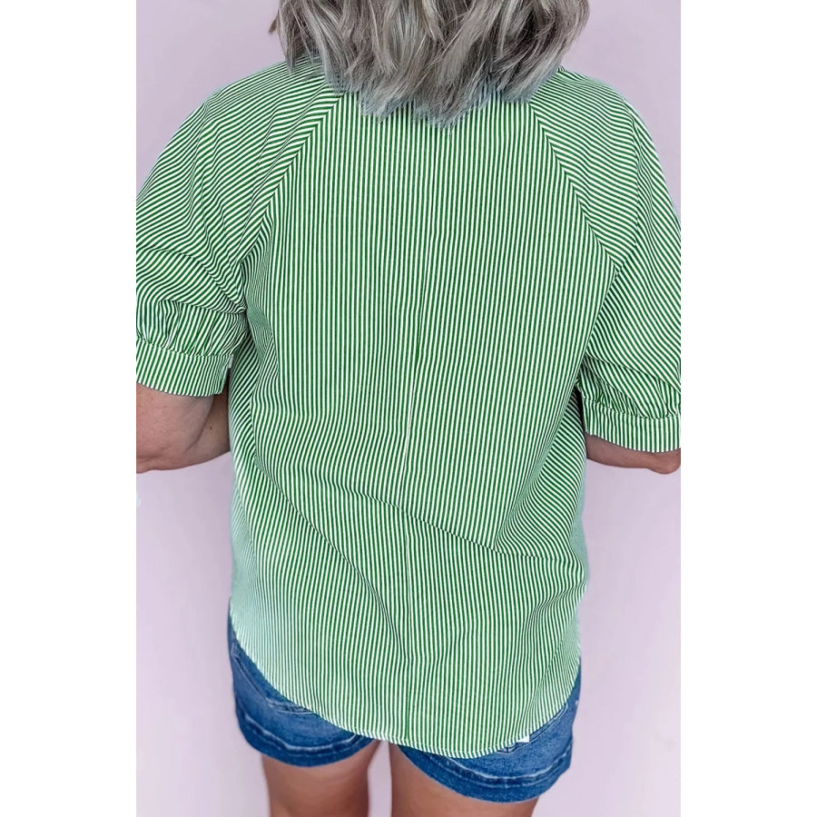 Striped Print Collared Split Neck Half Sleeve Blouse Apparel and Accessories