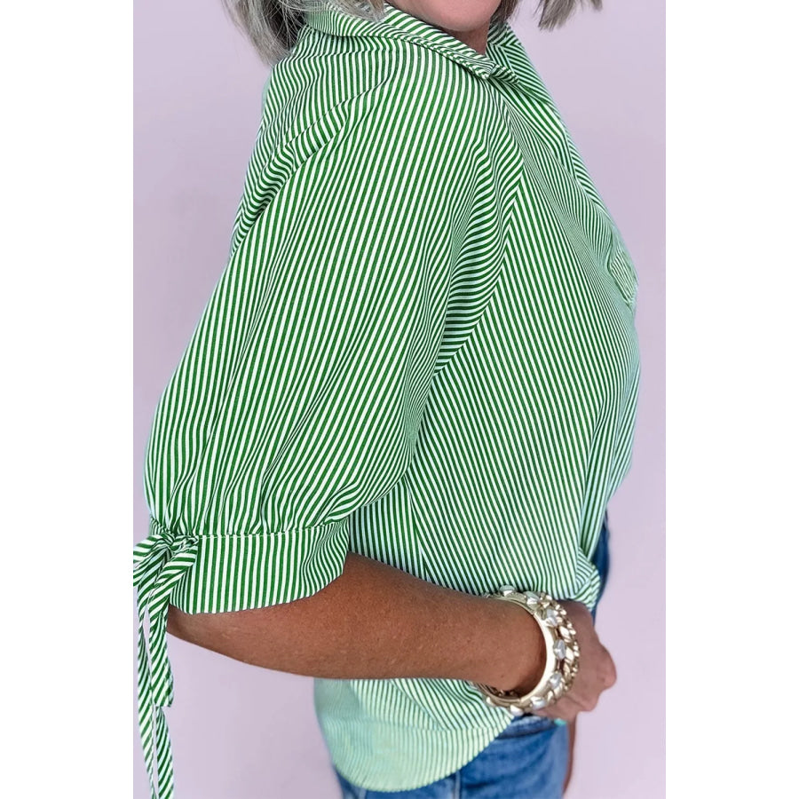 Striped Print Collared Split Neck Half Sleeve Blouse Apparel and Accessories