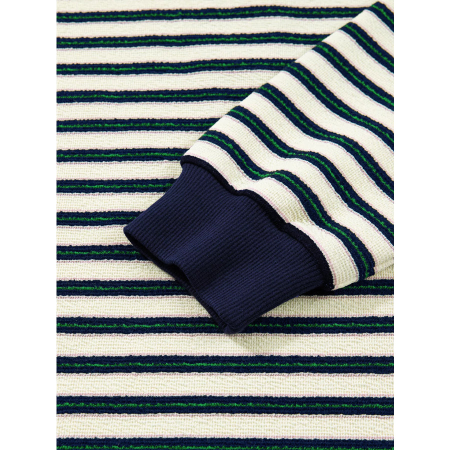 Striped Print Contrast Collar Zip V Neck Long Sleeve Top Apparel and Accessories