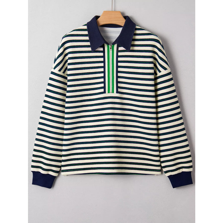 Striped Print Contrast Collar Zip V Neck Long Sleeve Top Apparel and Accessories