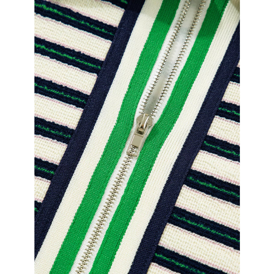 Striped Print Contrast Collar Zip V Neck Long Sleeve Top Apparel and Accessories
