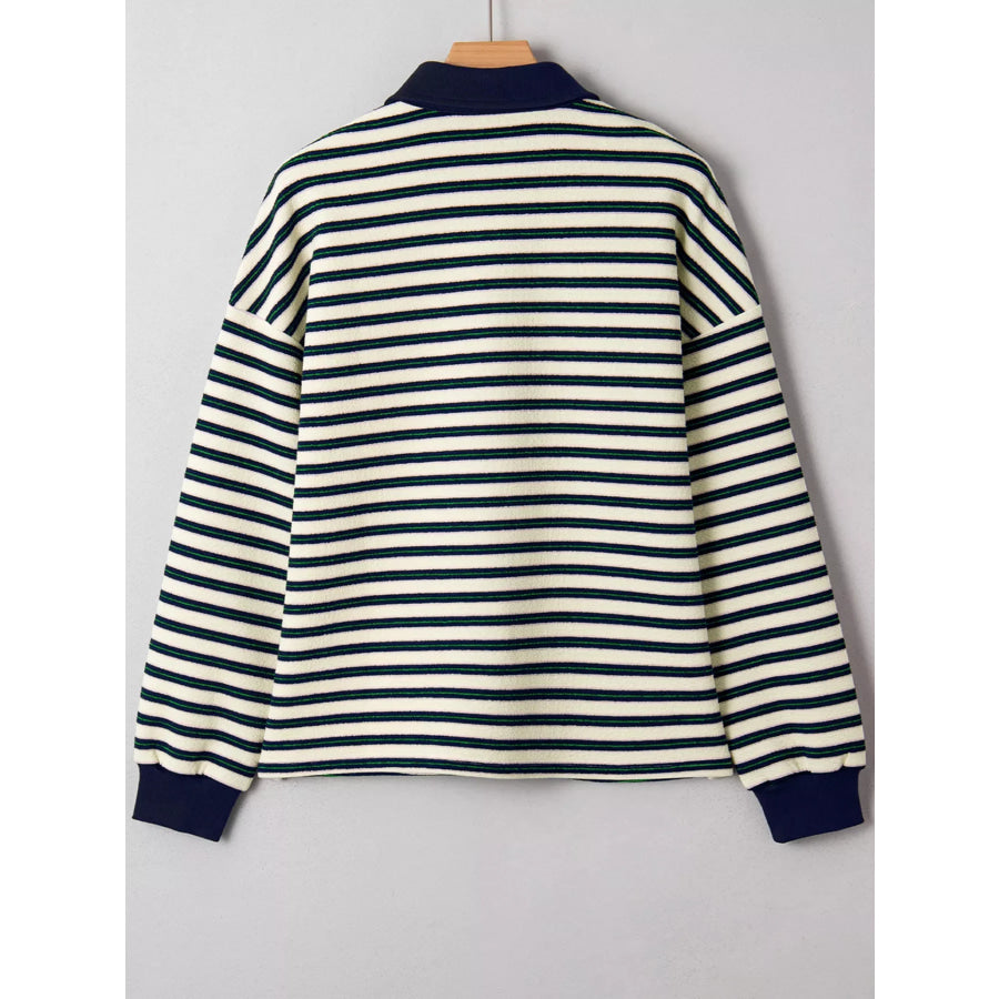 Striped Print Contrast Collar Zip V Neck Long Sleeve Top Apparel and Accessories