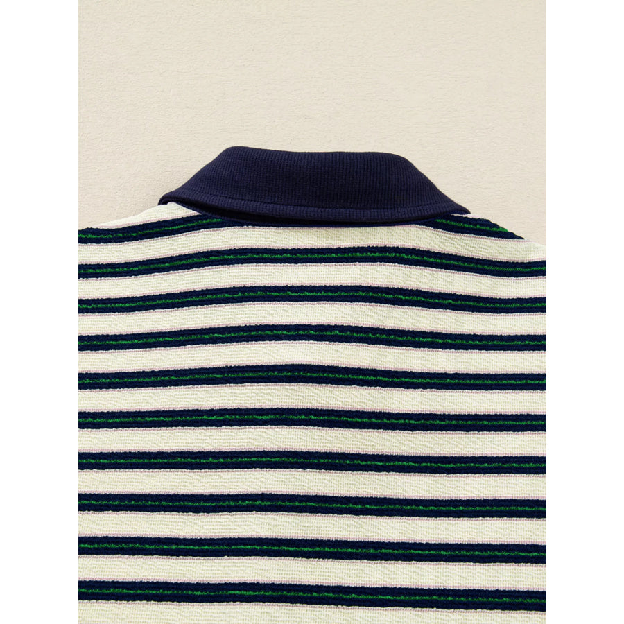 Striped Print Contrast Collar Zip V Neck Long Sleeve Top Apparel and Accessories