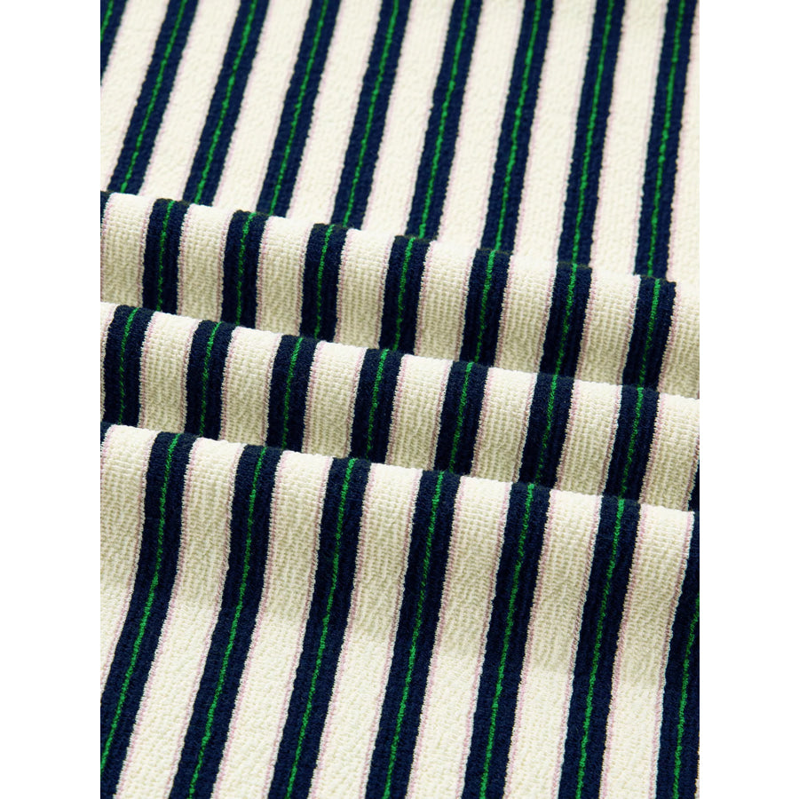 Striped Print Contrast Collar Zip V Neck Long Sleeve Top Apparel and Accessories