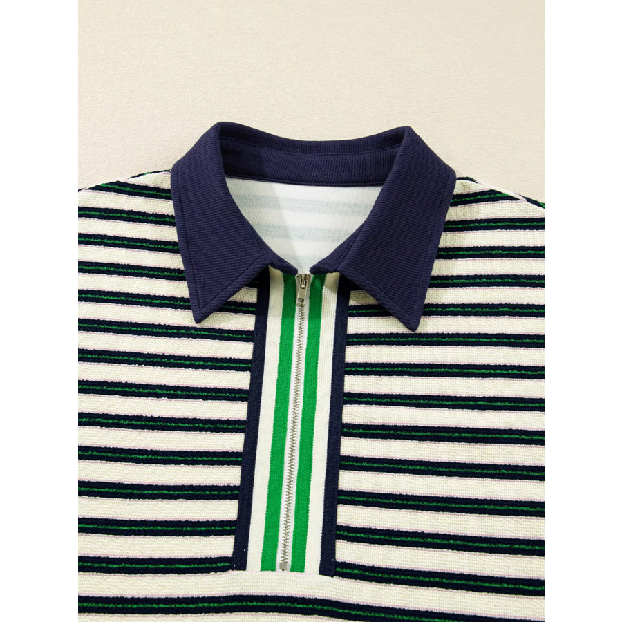 Striped Print Contrast Collar Zip V Neck Long Sleeve Top Apparel and Accessories