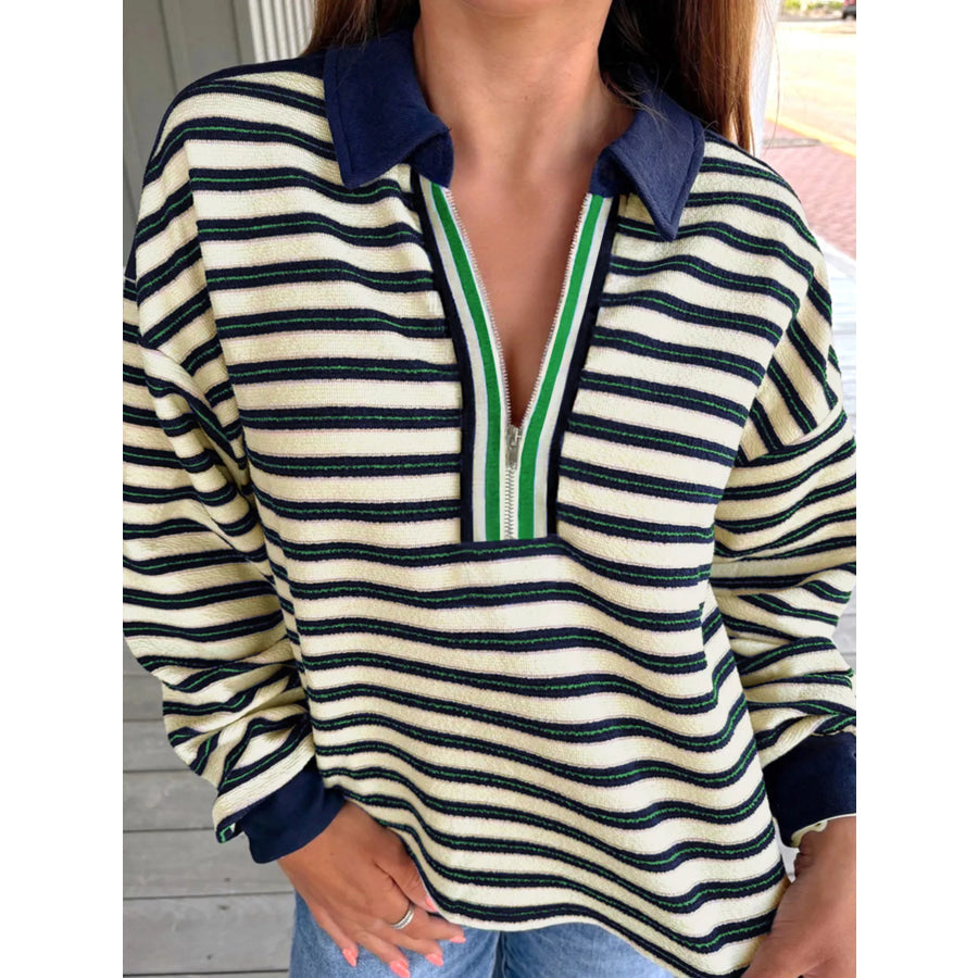 Striped Print Contrast Collar Zip V Neck Long Sleeve Top Navy / S Apparel and Accessories