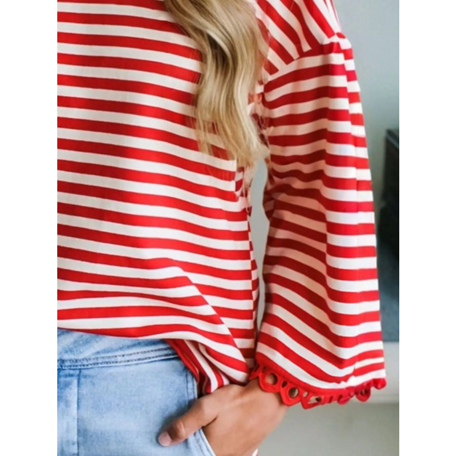Striped Print Drop Shoulder Lace Trim Loose Top Apparel and Accessories