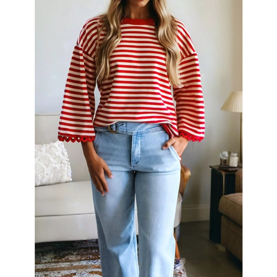 Striped Print Drop Shoulder Lace Trim Loose Top Apparel and Accessories