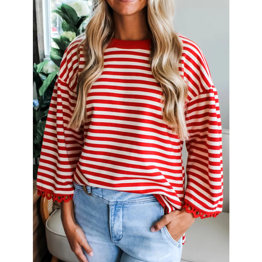 Striped Print Drop Shoulder Lace Trim Loose Top Red / S Apparel and Accessories