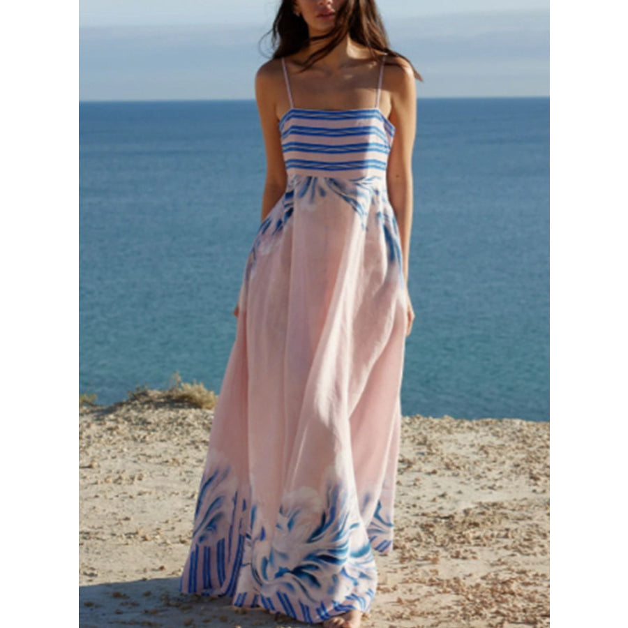 Striped Print Spaghetti Strap Maxi Dress Apparel and Accessories