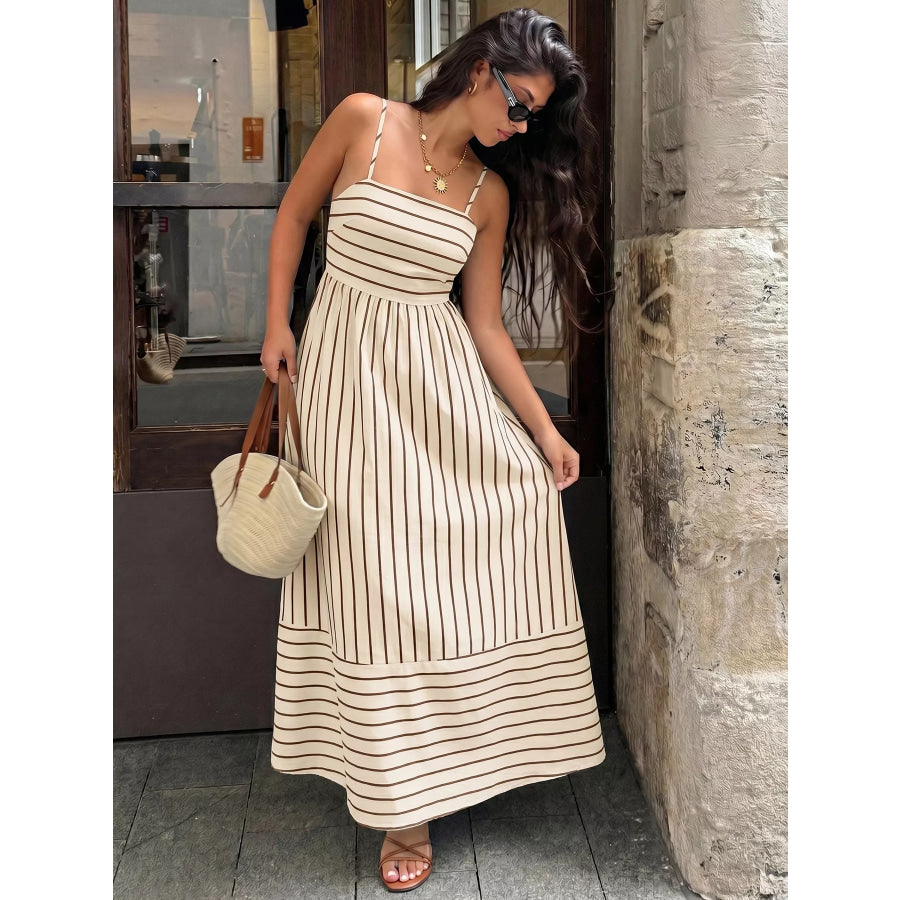 Striped Print Spaghetti Strap Maxi Dress Apparel and Accessories