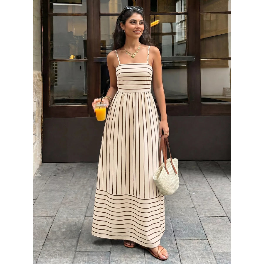 Striped Print Spaghetti Strap Maxi Dress Apparel and Accessories