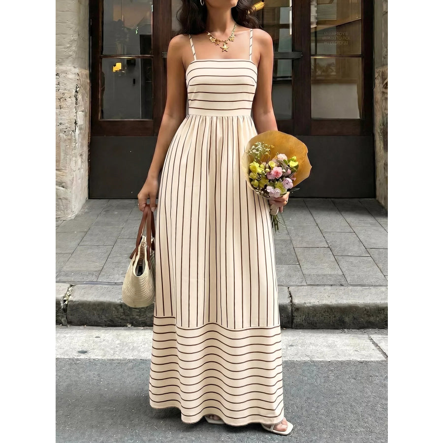 Striped Print Spaghetti Strap Maxi Dress Apricot / M Apparel and Accessories