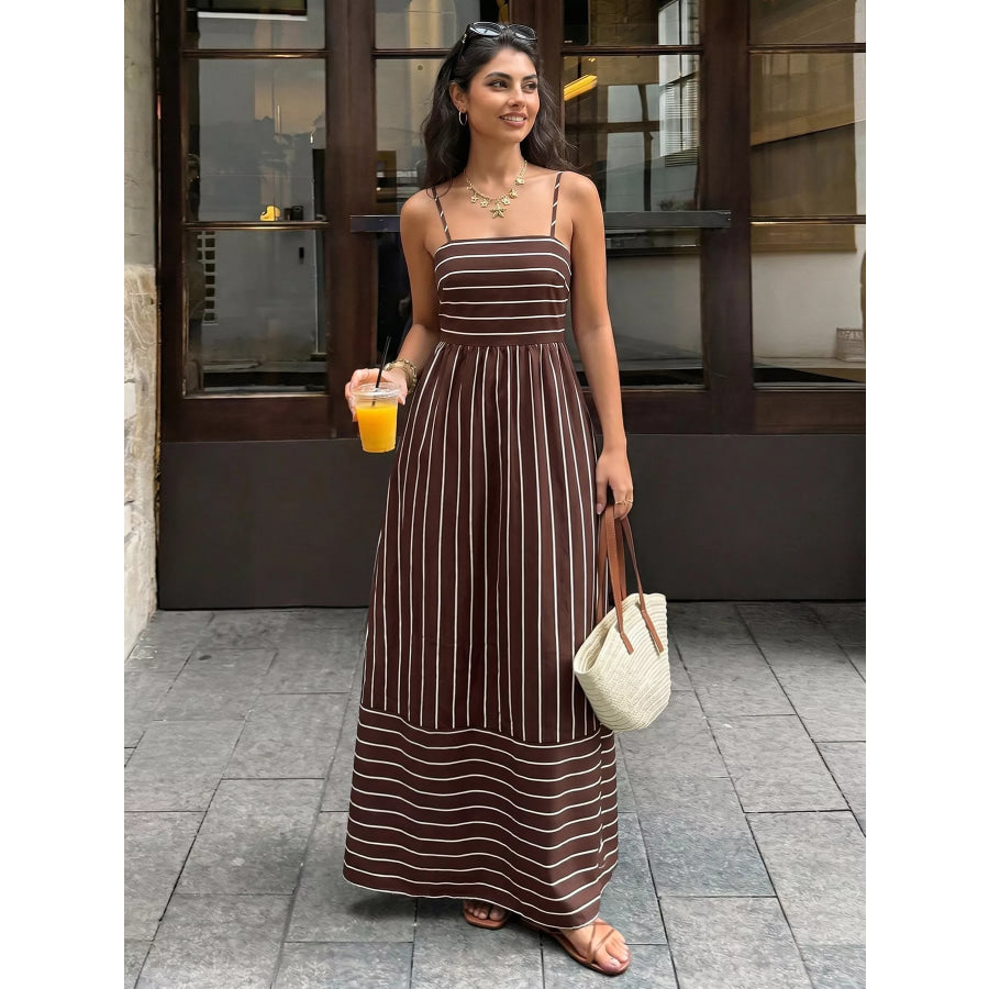 Striped Print Spaghetti Strap Maxi Dress Brown / M Apparel and Accessories