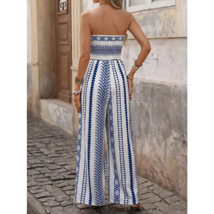 Striped Print Strapless Wide Leg Jumpsuit Apparel and Accessories