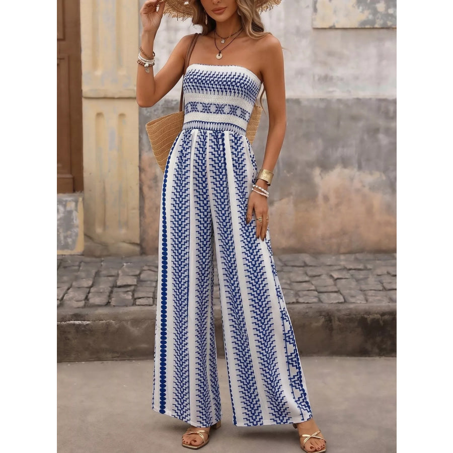 Striped Print Strapless Wide Leg Jumpsuit Apparel and Accessories