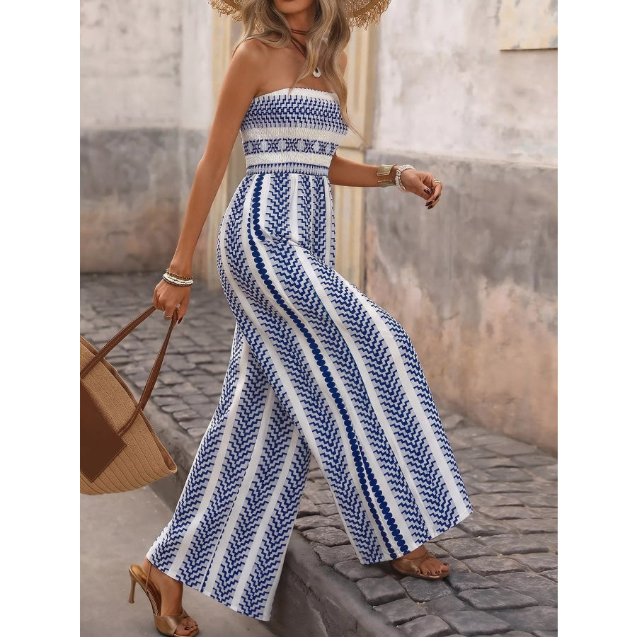 Striped Print Strapless Wide Leg Jumpsuit Apparel and Accessories