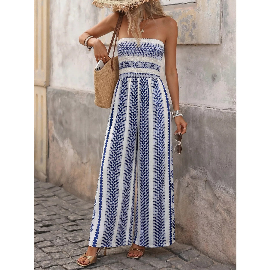 Striped Print Strapless Wide Leg Jumpsuit Navy / S Apparel and Accessories