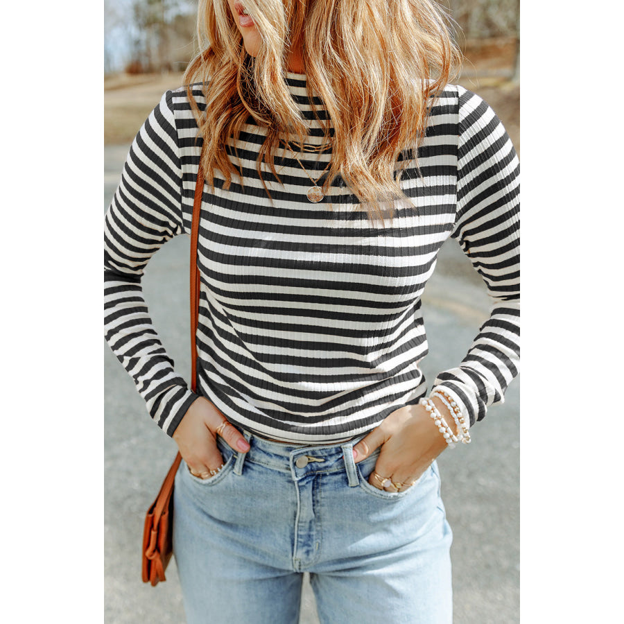 Striped Print Textured Knit Long Sleeve Tee Black / S / 95% Polyester + 5% Elastane Tops/Long Sleeve Tops