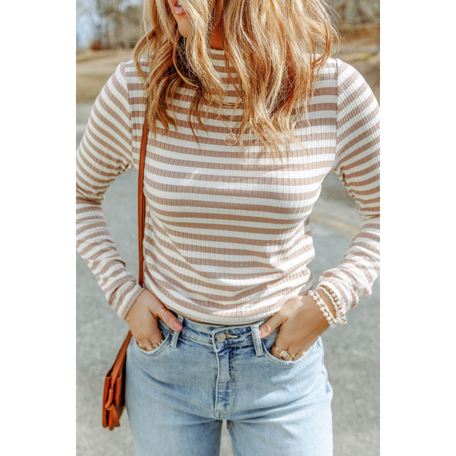 Striped Print Textured Knit Long Sleeve Tee Stripe / S / 95% Polyester + 5% Elastane Tops/Long Sleeve Tops