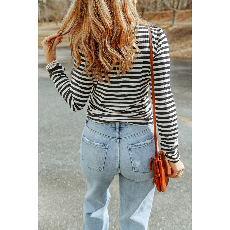 Striped Print Textured Knit Long Sleeve Tee Tops/Long Sleeve Tops