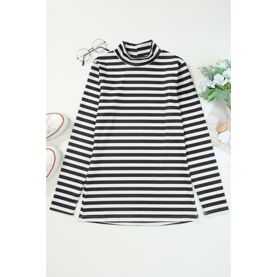 Striped Print Textured Knit Long Sleeve Tee Tops/Long Sleeve Tops