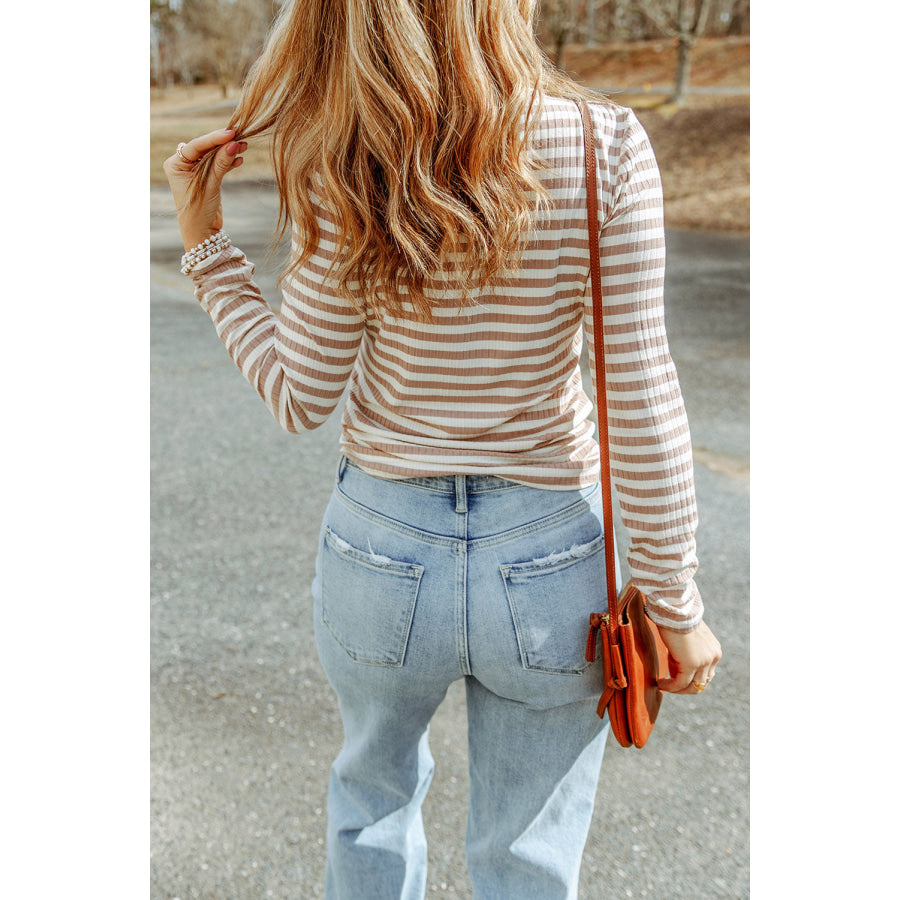 Striped Print Textured Knit Long Sleeve Tee Tops/Long Sleeve Tops