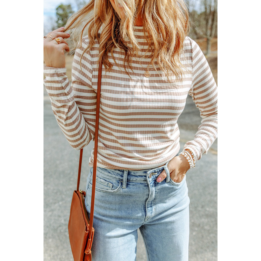 Striped Print Textured Knit Long Sleeve Tee Tops/Long Sleeve Tops