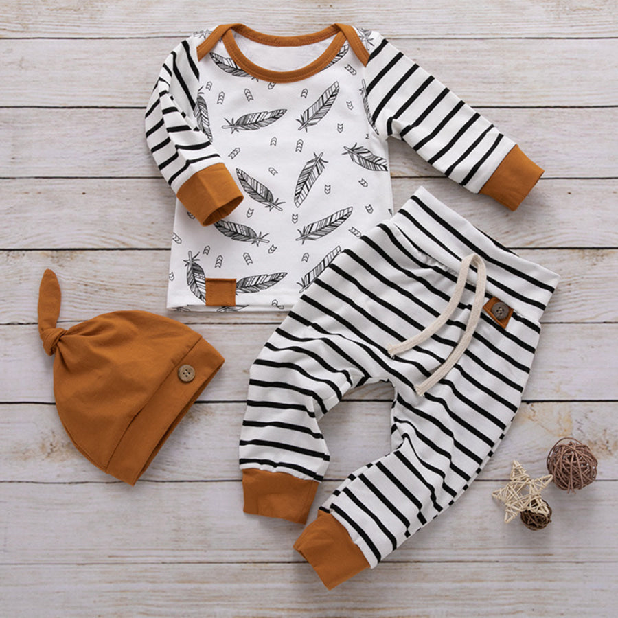 Striped Printed Long Sleeve Top and Tied Pants Set White / 0-3M Apparel and Accessories