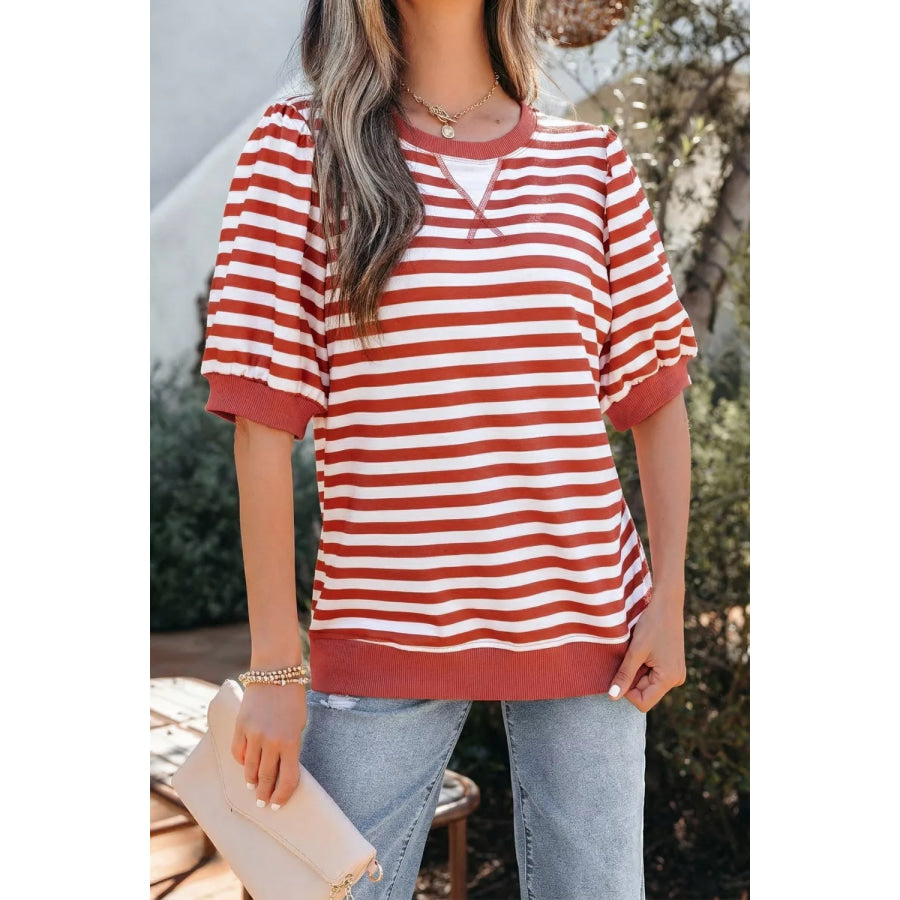 Striped Puff Sleeve Casual T-Shirt Apparel and Accessories