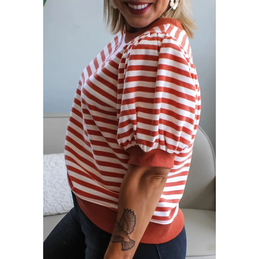 Striped Puff Sleeve Casual T-Shirt Apparel and Accessories