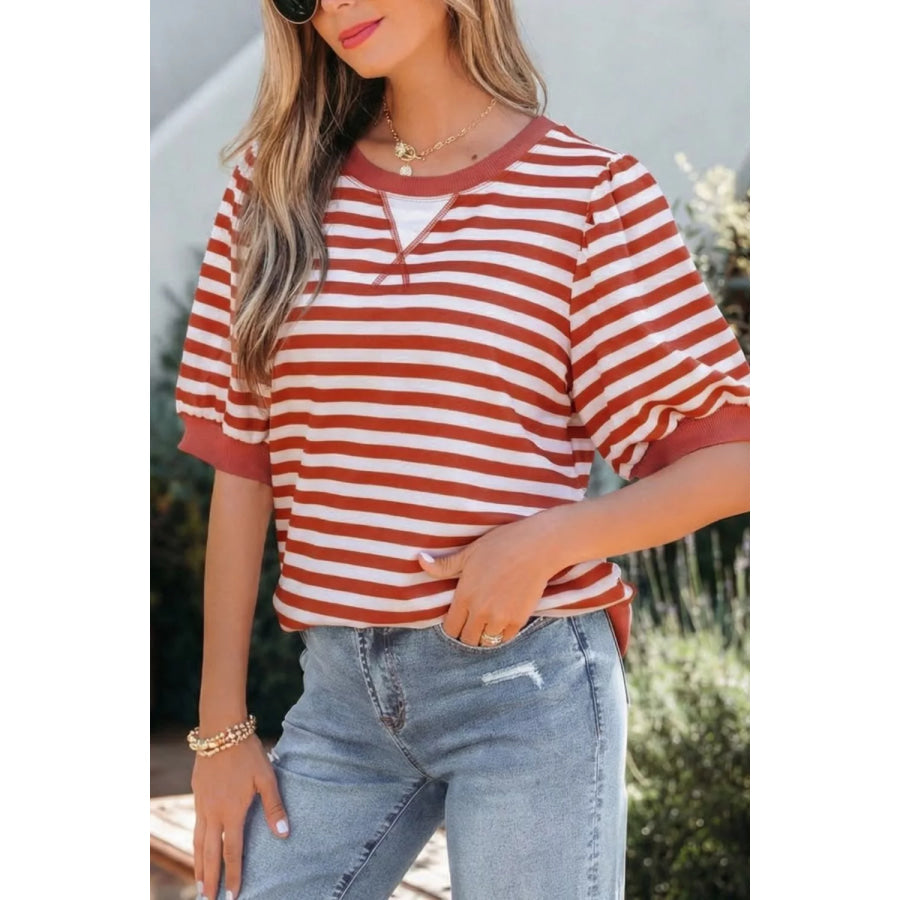 Striped Puff Sleeve Casual T-Shirt Apparel and Accessories