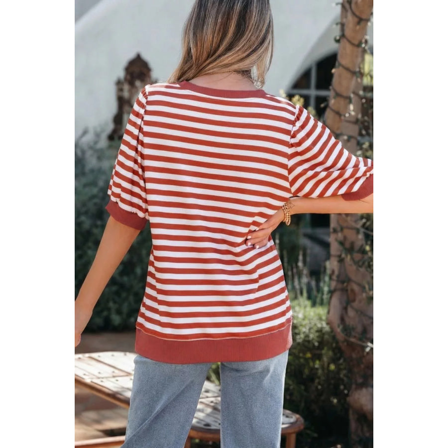 Striped Puff Sleeve Casual T-Shirt Apparel and Accessories