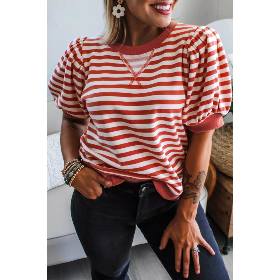 Striped Puff Sleeve Casual T-Shirt Apparel and Accessories