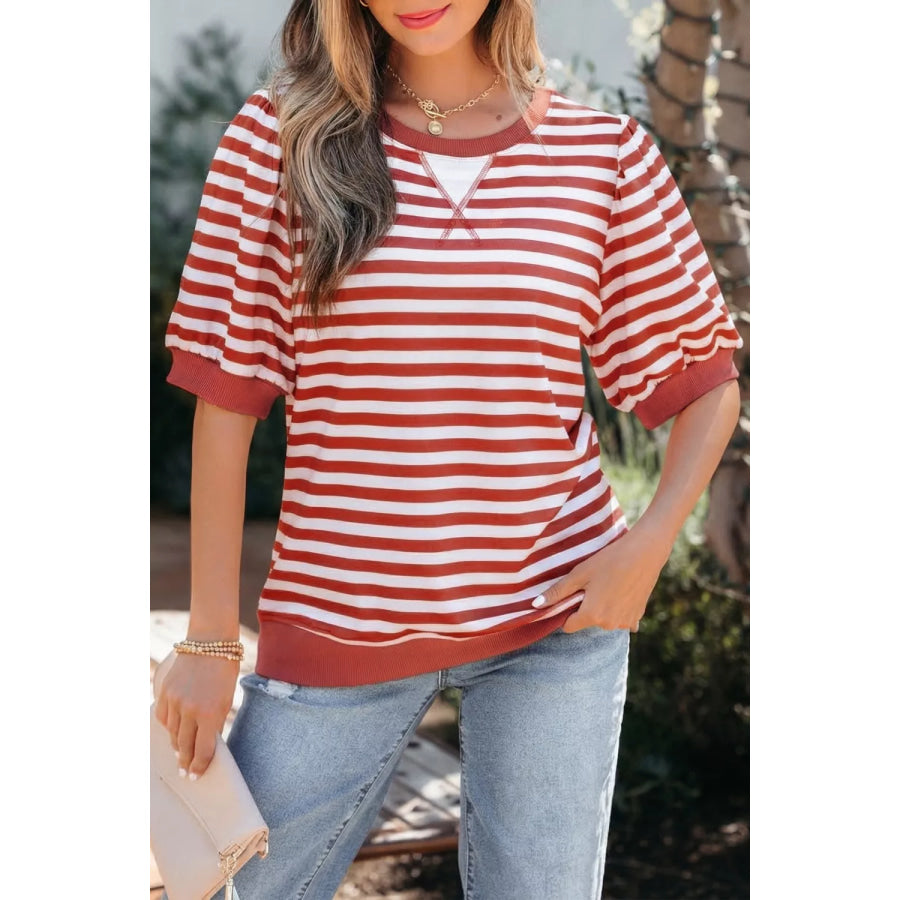 Striped Puff Sleeve Casual T-Shirt Burnt Coral / S Apparel and Accessories
