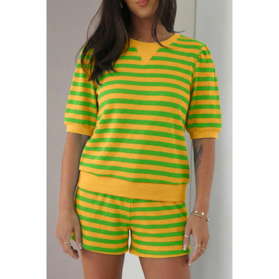 Striped Puff Sleeve Top and Drawstring Shorts Set Apparel and Accessories