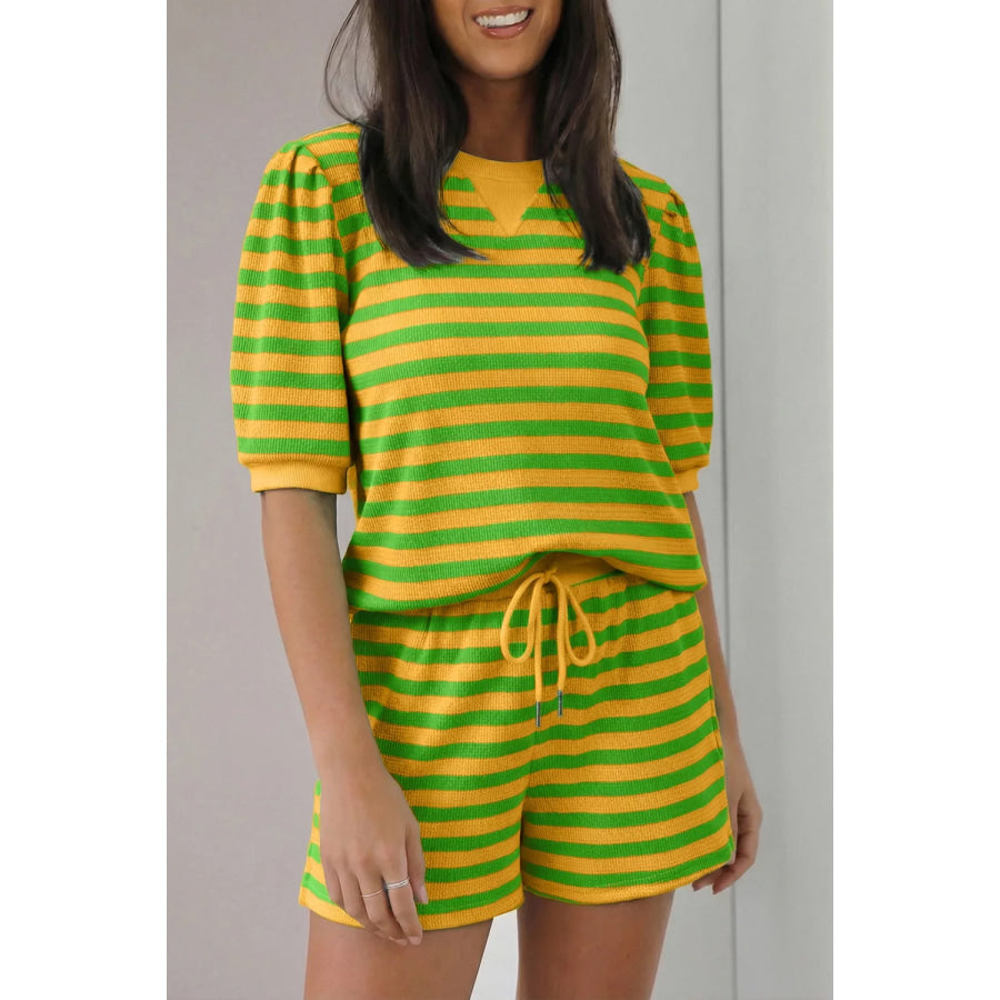 Striped Puff Sleeve Top and Drawstring Shorts Set Chartreuse / S Apparel and Accessories